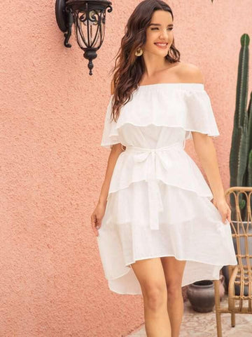 Off The Shoulder Asymmetrical Hem Belted Dress - takostyle
