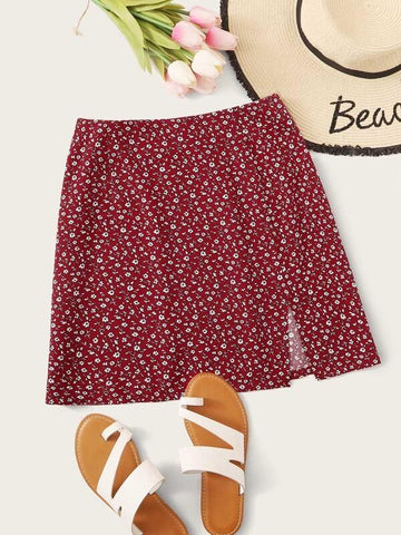 Slit Hem Ditsy Floral Print Skirt - takostyle