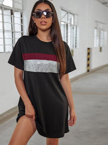Sequin Detail Color Block Tee Dress