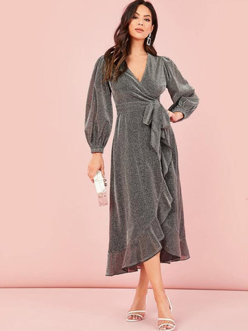 Surplice Wrap Belted Ruffle Hem Glitter Dress - takostyle