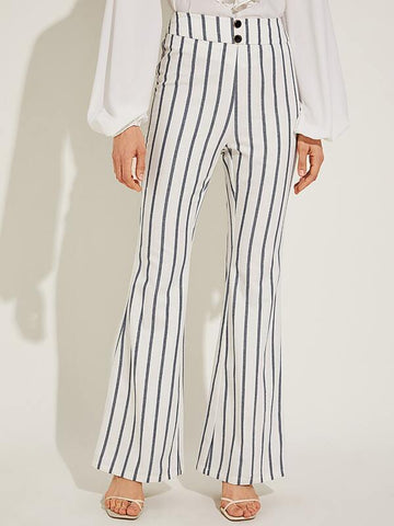 Button Detail Striped Flare Leg Pants - takostyle