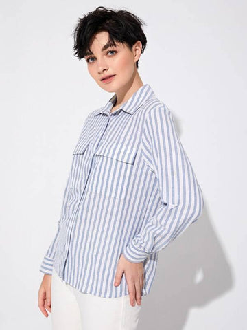 Flap Pocket Patched Roll Tab Sleeve Dip Hem Blouse - takostyle