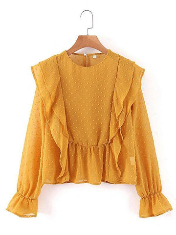 Swiss Dot Flounce Sleeve Ruffle Trim Blouse - takostyle