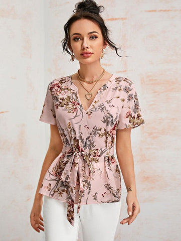 Notched Neck Belted Floral Top - takostyle
