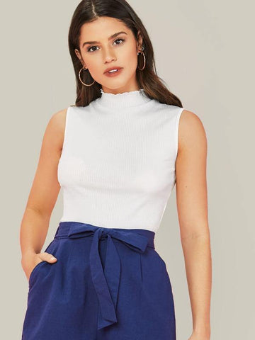 Lettuce Trim Mock Neck Rib-knit Tank Top - takostyle