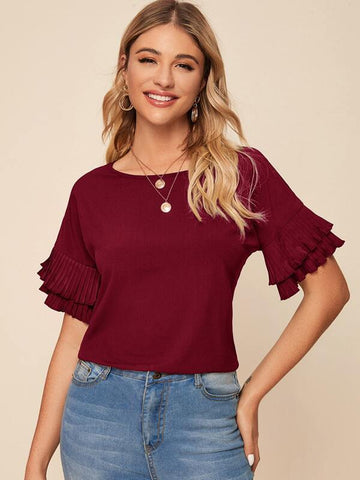 Solid Pleated Flounce Sleeve Blouse - takostyle