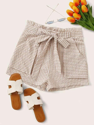 Striped Belted Paperbag Shorts - takostyle