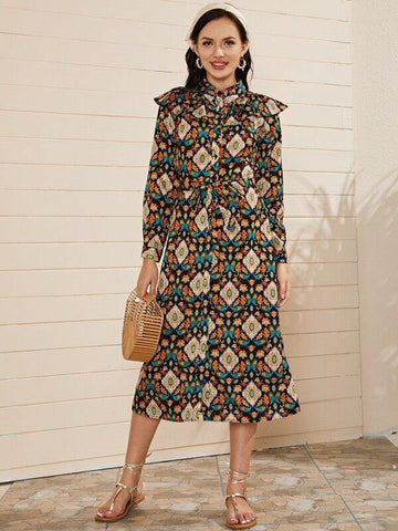 Paisley Print Ruffle Trim Belted Shirt Dress - takostyle