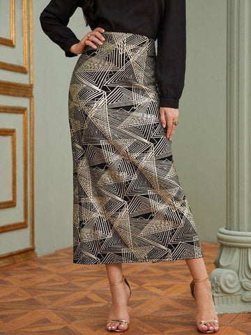 Geo Print Zip Back Split Thigh Skirt - takostyle