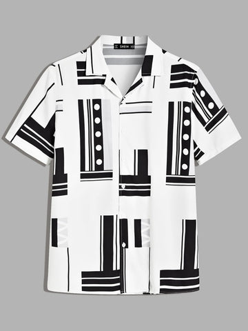 Men Notched Collar Geo Print Shirt