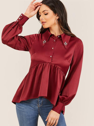 Rhinestone Detail Asymmetrical Ruffle Hem Satin Blouse - takostyle