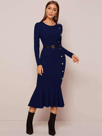 Button Detail Fishtail Hem Rib-knit Dress Without Belt - takostyle