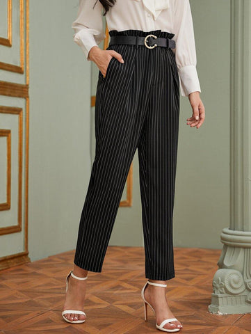 Striped Paperbag Waist Pants Without Belt - takostyle