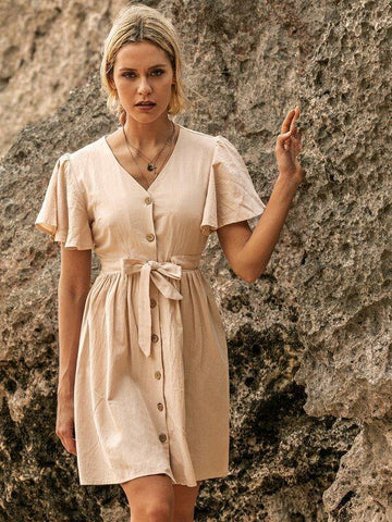 Button Front Butterfly Sleeve Belted Dress - takostyle