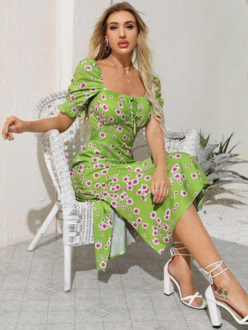 Square Neck Floral Print Split Hem Dress - takostyle
