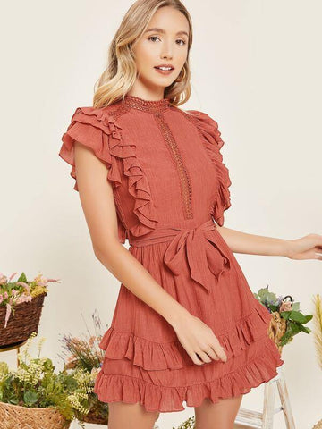 Mock Neck Lace Trim Ruffle Detail Dress - takostyle