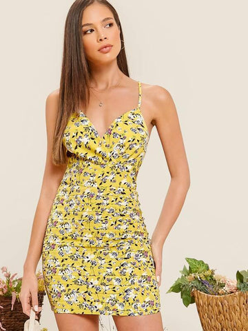 Crisscross Back Ruched Detail Floral Cami Dress - takostyle