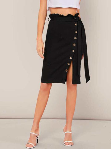 Paperbag Waist Belted Single Breasted Wrap Skirt - takostyle