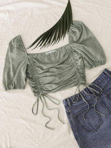 Drawstring Knot Ruched Swiss Dot Crop Top - takostyle