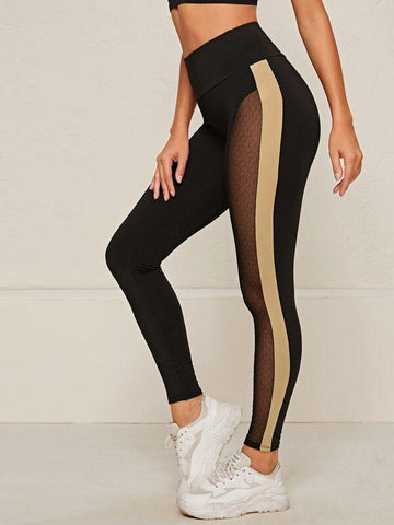 Wide Waistband Sheer Mesh Insert Colorblock Leggings - takostyle