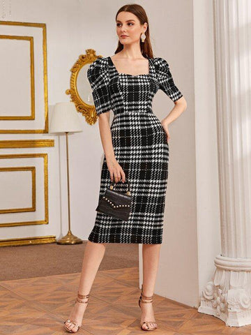 Zip Back Puff Sleeve Plaid Dress - takostyle