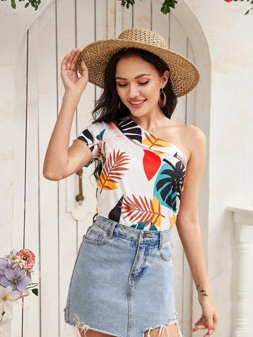 Tropical Print One Shoulder Blouse - takostyle