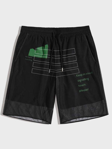 Men Drawstring Waist Slogan Graphic Mesh Overlay Shorts