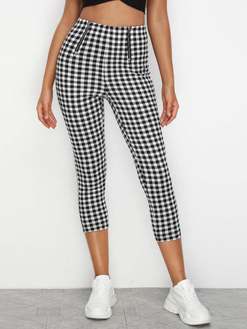 Zip Front Buffalo Plaid Skinny Pants - takostyle