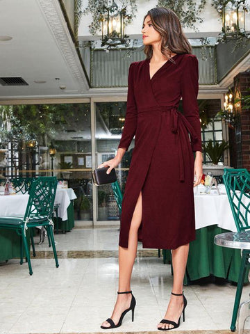 Surplice Neck Wrap Belted Dress - takostyle