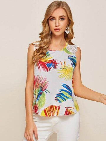 Tropical Print Contrast Lace Blouse - takostyle