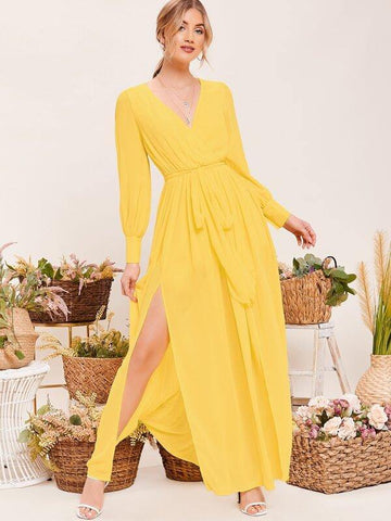 Long Sleeve Surplice V-Neck Chiffon Dress - takostyle