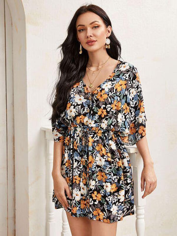 Batwing Sleeve Drawstring Waist Allover Floral Dress - takostyle