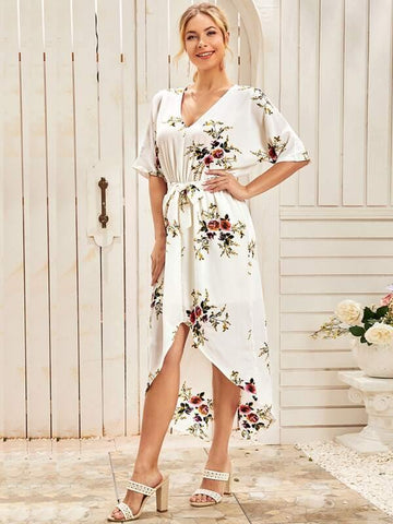 Floral Print Asymmetrical Hem Belted Dress - takostyle