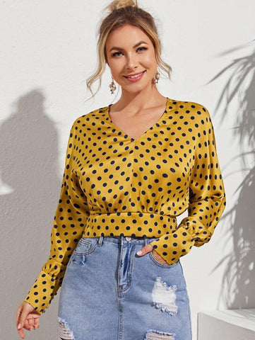 Polka Dot Shirred Crop Blouse - takostyle