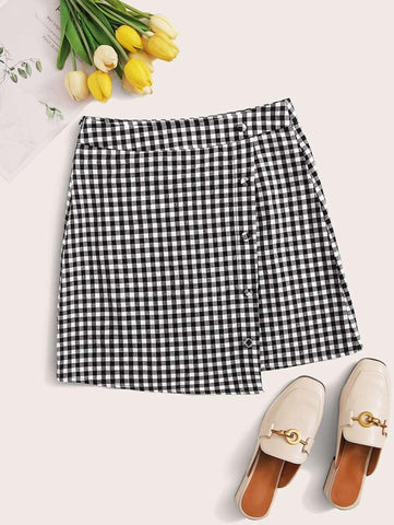 Button Front Buffalo Plaid Asymmetrical Skirt - takostyle