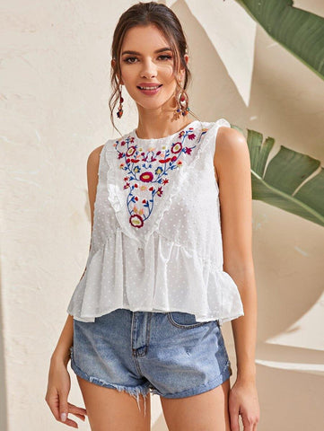 Swiss Dot Floral Embroidery Peplum Blouse - takostyle
