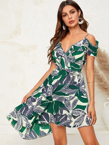 Cold Shoulder Asymmetrical Hem Tropical Print Dress - takostyle