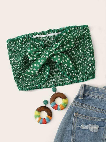 Ditsy Floral Shirred Tie Front Tube Top - takostyle