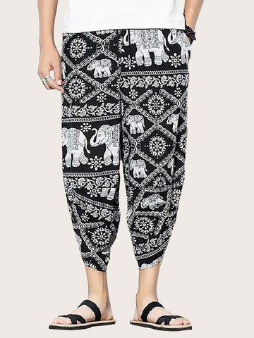 Men Elephant & Tribal Print Capris Carrot Pants