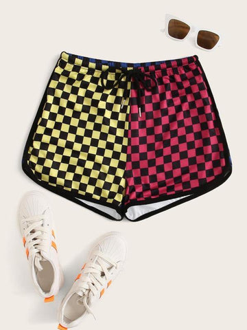 Contrast Binding Color Block Checkered Track Shorts - takostyle