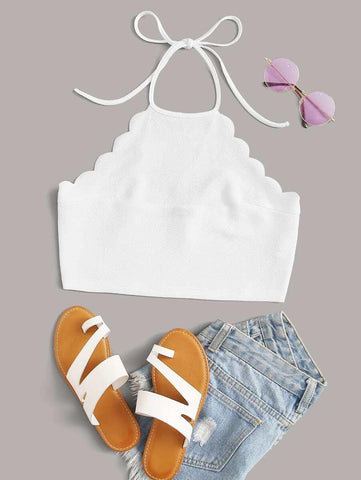 Scallop Trim Crop Halter Top - takostyle