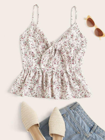 Tie Front Shirred Back Ditsy Floral Peplum Cami Top - takostyle