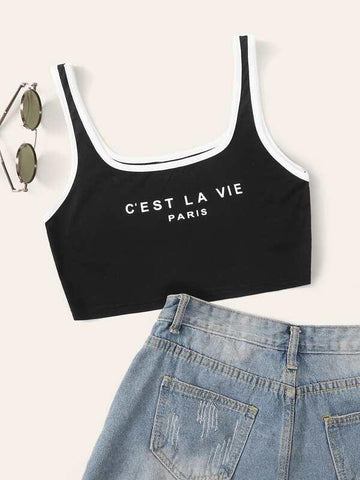 Slogan Graphic Contrast Binding Crop Top - takostyle