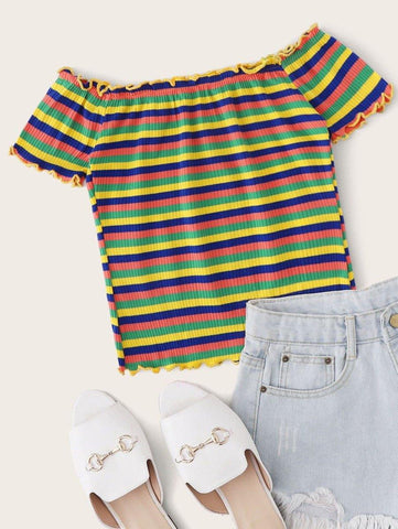 Lettuce Edge Rainbow Striped Rib-knit Tee - takostyle