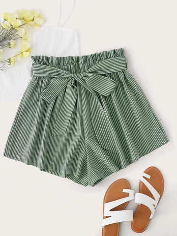 Paperbag Waist Belted Striped Shorts - takostyle