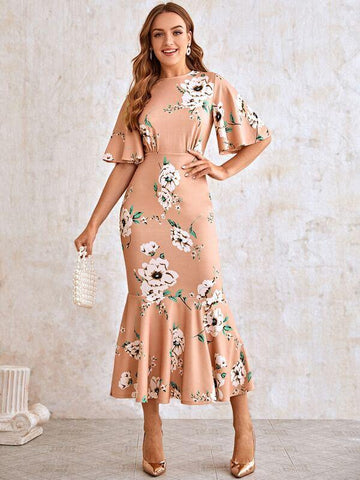 Flutter Sleeve Fishtail Hem Floral Print Dress - takostyle