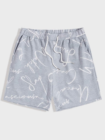 Men Letter Graphic Drawstring Waist Slant Pocket Track Shorts