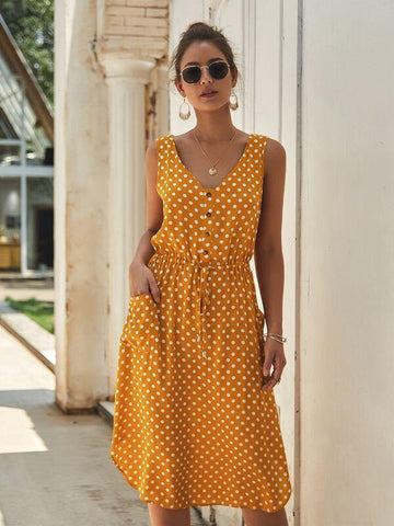 Button Front Polka Dot Drawstring Dress - takostyle