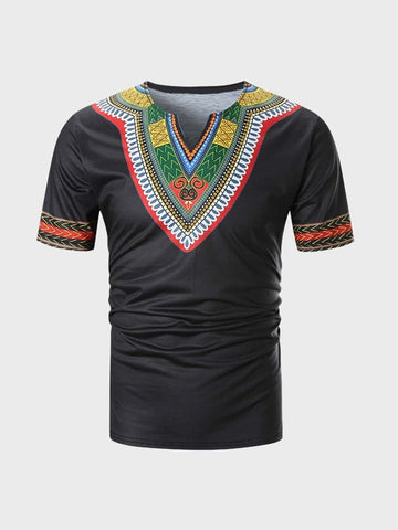 Men Notched Neck Tribal Print Tee