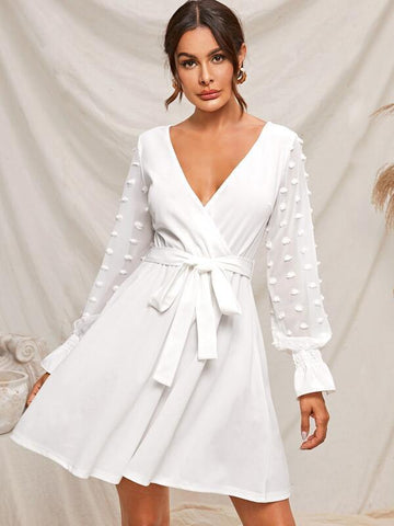 Surplice Neck Flounce Sleeve Belted Dress - takostyle